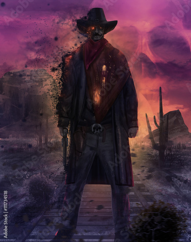 Ghost cowboy character illustration. Illustration of a mystic dead cowboy ghost standing on a western desert railroad with gun & outfit on a purple skull sunset.
