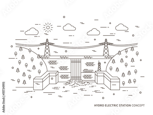 Linear hydro electric station (hydroelectric power plant) vector illustration. Hydro power engineering creative concept. Hydro electricity (hydroelectric power station) graphic design.