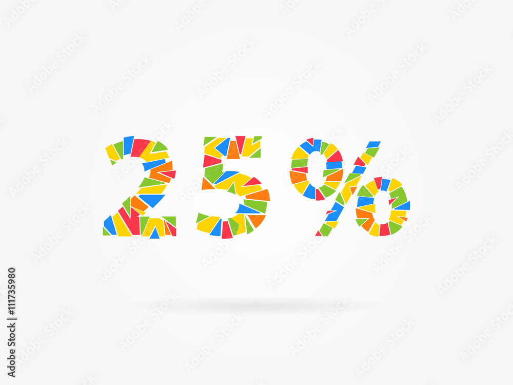 25 % discount colorful vector illustration on grey background. 25 (twenty five) percent off discount creative promotion concept. Special offer for banner, coupon, label.