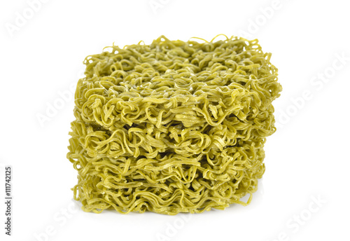 Dried green noodles Japanese style on white background