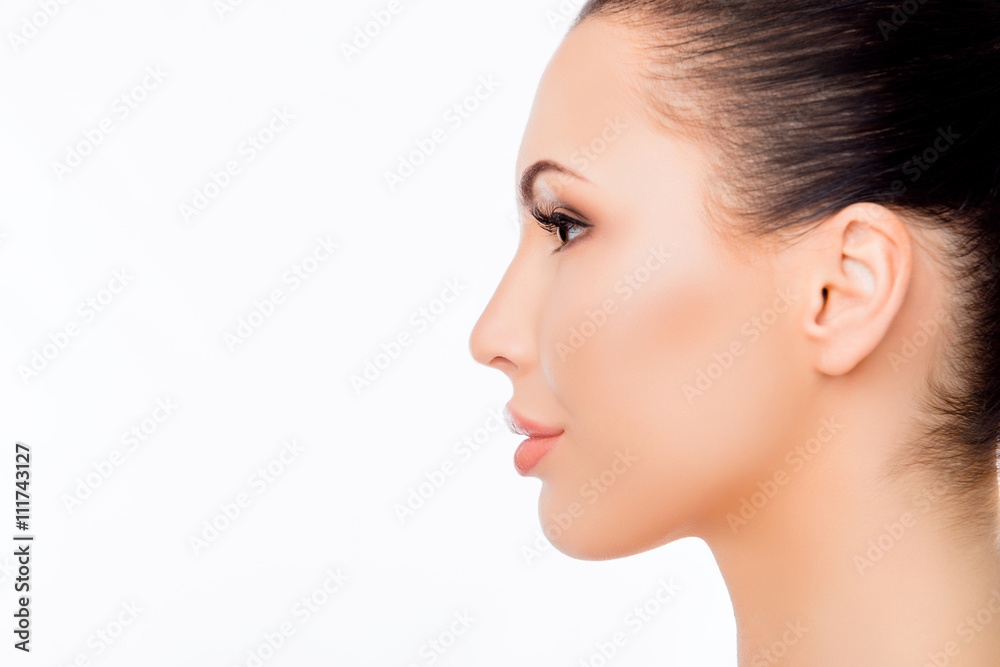 Side view portrait of beautiful woman isolated on white backgrou Side view portrait of beautiful woman isolated on white backgrou