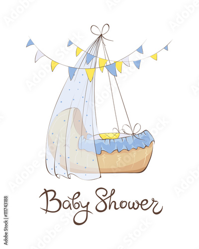 Baby shower card/Suspended cradle with a baby boy