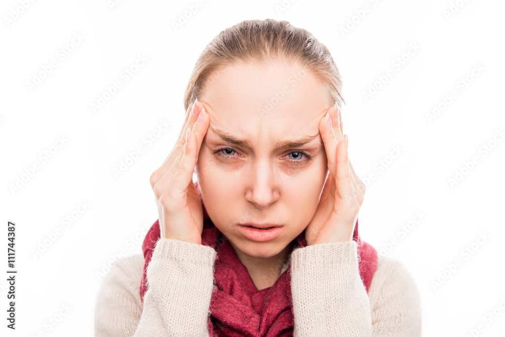 Portrait of sad sick woman with strong pain in head Portrait of sad sick woman with strong pain in head