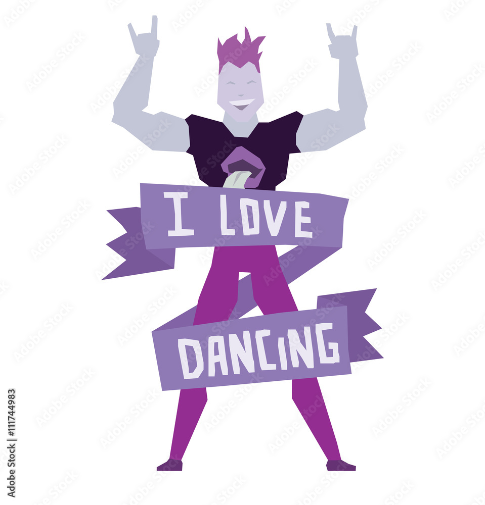 Vector emblem with cartoon image of a dancing man with purple hair in purple pants and black t-shirt and banner with lettering Vector emblem with cartoon image of a dancing man with purple hair in purple pants and black t-shirt and banner with lettering