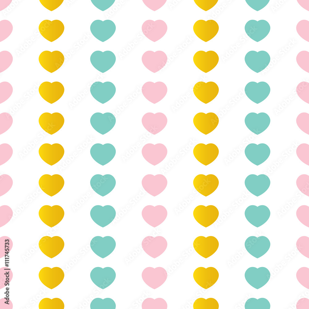 Cute pink, mint green and gold hearts seamless pattern background.
