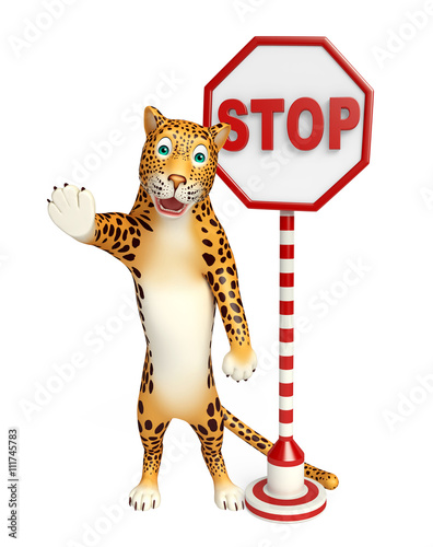 Leopard cartoon character with stop sign