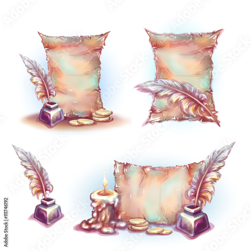 Vector banner with old paper, money and feather .