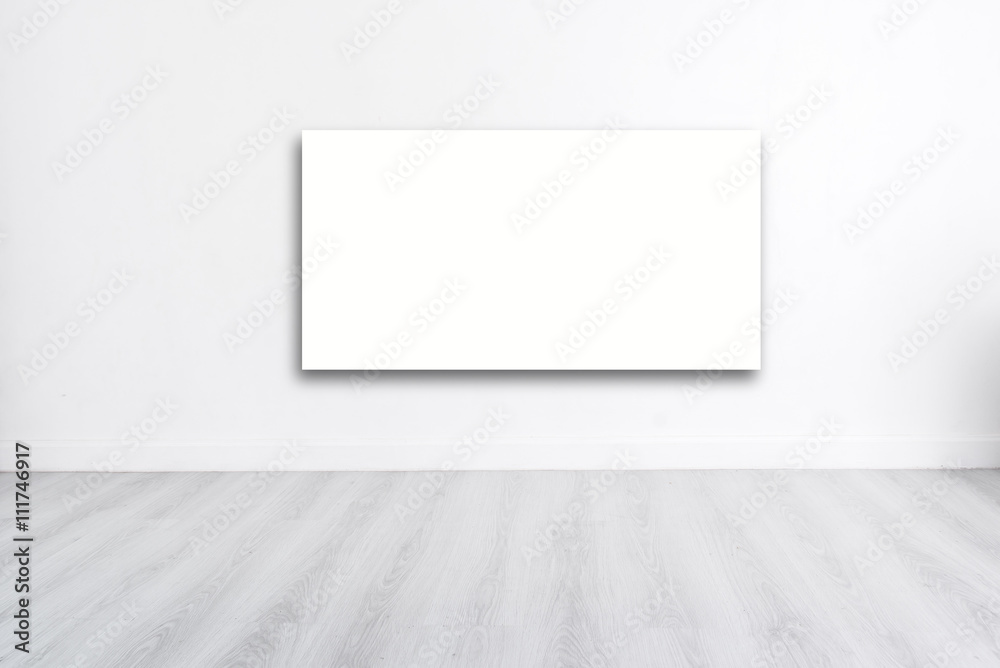Mock up poster on White wall with wooden gray floor and copyspac Mock up poster on White wall with wooden gray floor and copyspac