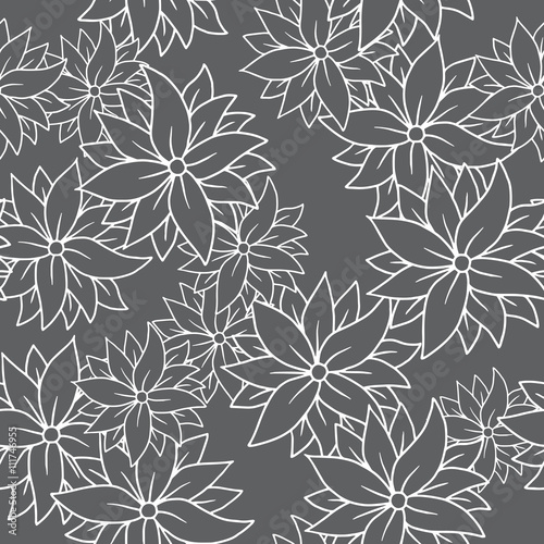 Vector image of seamless pattern of black chrysanthemums on a black background. Black flowers with a white stroke. Made in monochrome style. Vector seamless pattern.