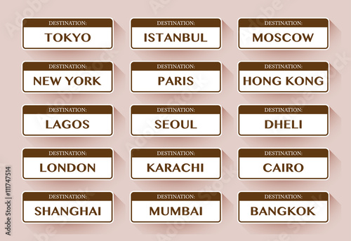 Destination cities stickers in a flat design, set of, vector