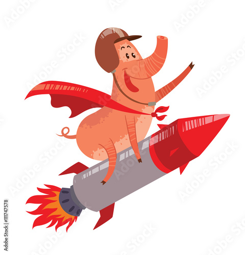 Vector cartoon image of a funny pink pig in a brown helmet and red cape flying astride a metal red-gray rocket on a white background. Cute pig with a long nose. Hand-drawing style. Vector illustration