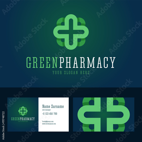 Green pharmacy logo and business card template.