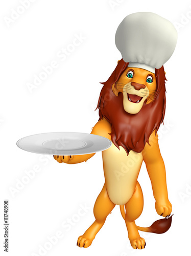 fun Lion cartoon character  with chef hat and dinner plate