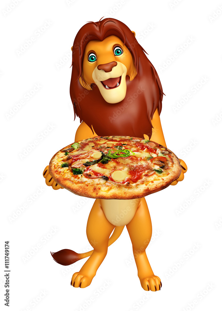 Naklejka premium Lion cartoon character with pizza
