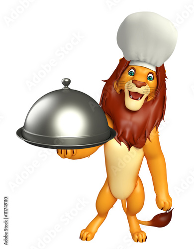 fun Lion cartoon character  with chef hat and cloche