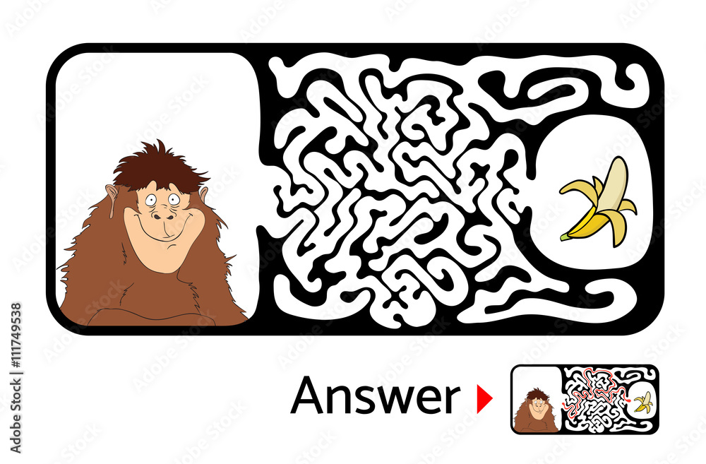 Maze puzzle for kids with monkey and banana. Labyrinth illustration, solution included.