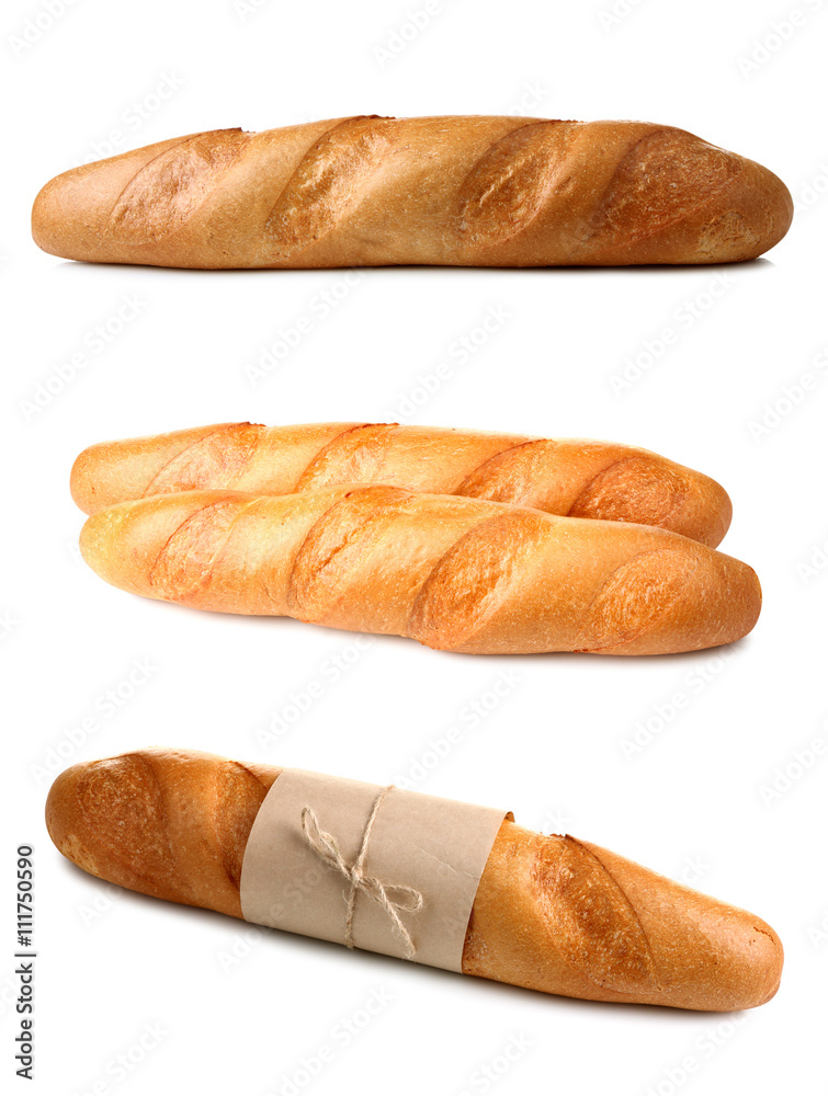 collage of different baguettes on a white isolated background collage of different baguettes on a white isolated background