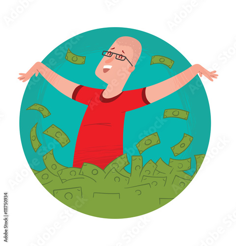 Vector image of a round green frame with cartoon image of a happy bald man in glasses bathing in the sea of green banknotes on a white background. Bathing in money. Vector business illustration.