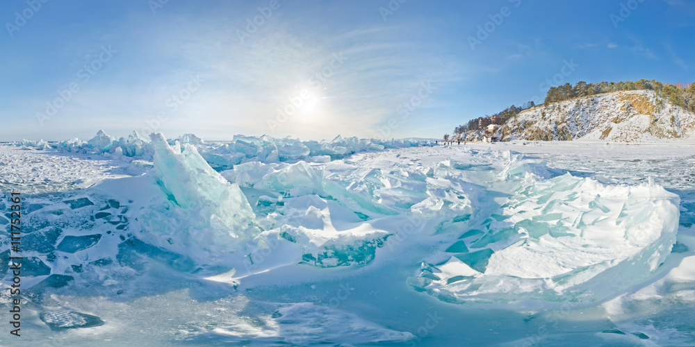 Fototapeta premium Blue ice hummocks Baikal stereographic panorama, Listvyanka