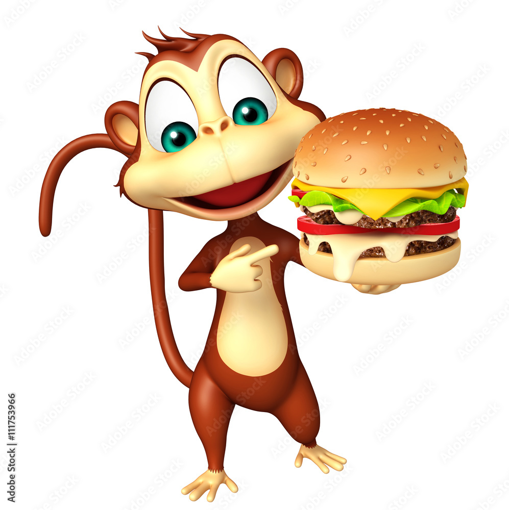 Naklejka premium Monkey cartoon character with burger