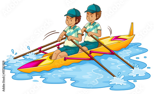 Two men rowing kayak