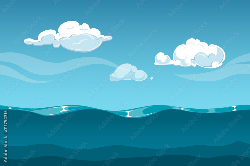 Sea or ocean cartoon landscape with sky and clouds. Seamless water waves  background for computer game design. Landscape with water waves and cloud  vector illustration Stock Vector | Adobe Stock
