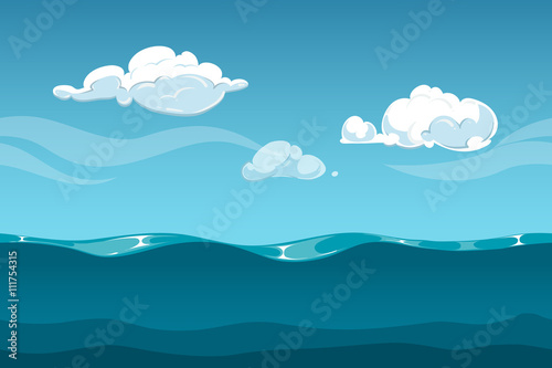 Sea or ocean cartoon landscape with sky and clouds. Seamless water waves background for computer game design. Landscape with water waves and cloud vector illustration