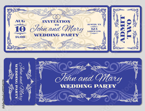 Vector vintage ticket wedding invitation. Ticket card for celebration wedding and invitation to wedding marriage illustration