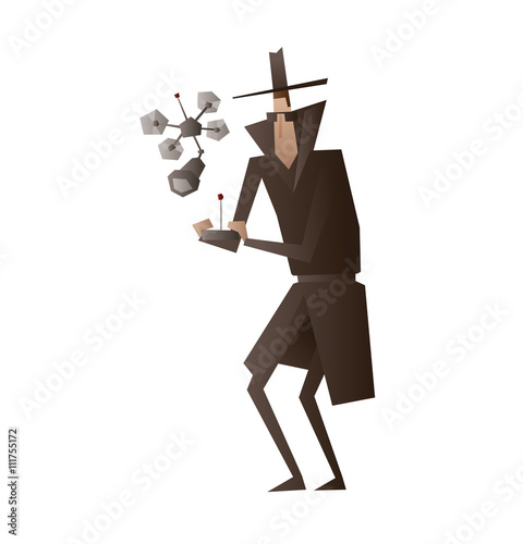 Vector cartoon image of a spy in a black coat, a hat and sunglasses with a remote control in hands and flying spy drone near on a white background. Surveillance, paranoia. Big brother is watching you.