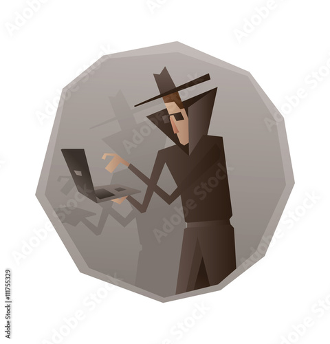 Vector image of a gray round frame with cartoon image of a spy in a black coat, hat and sunglasses with black laptop in his hands in the center on a white background. Espionage, surveillance, paranoia