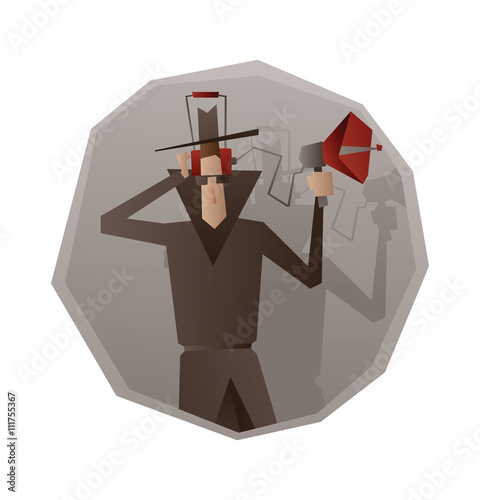 Vector image of a gray round frame with cartoon image of a spy in a black coat, hat and sunglasses with the device for wiretapping in hand in the center on a white background. Surveillance, paranoia.