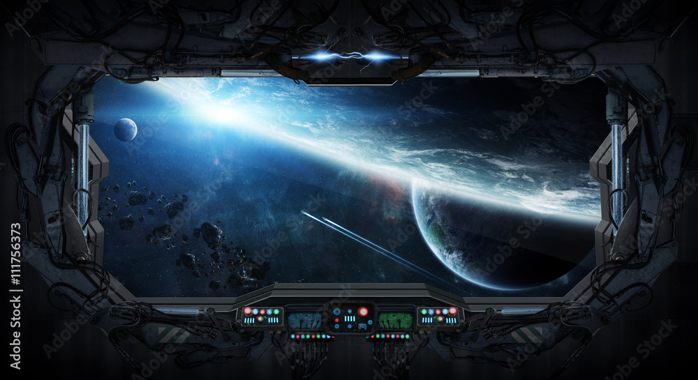 Obraz premium Window view of space and planets from a space station