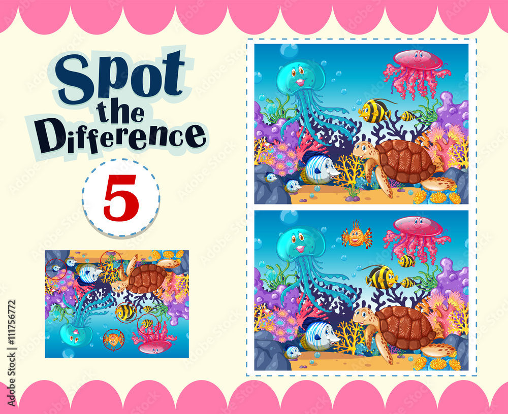 Fototapeta premium Game template of spot the difference underwater