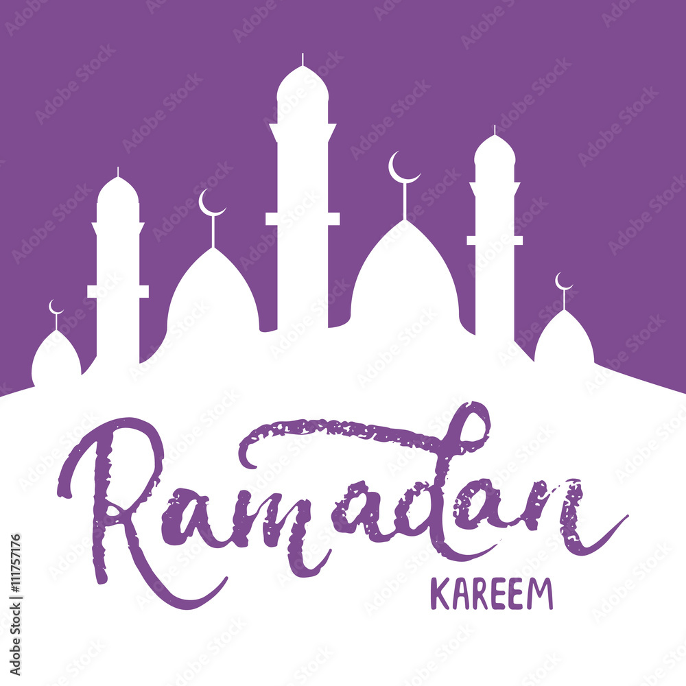 Ramadan Kareem greeting card background with lettering and mosque. Vector illustration for Ramadan - holiest month in the Islamic calendar for Muslims. Ramadan Kareem greeting card background with lettering and mosque. Vector illustration for Ramadan - holiest month in the Islamic calendar for Muslims.