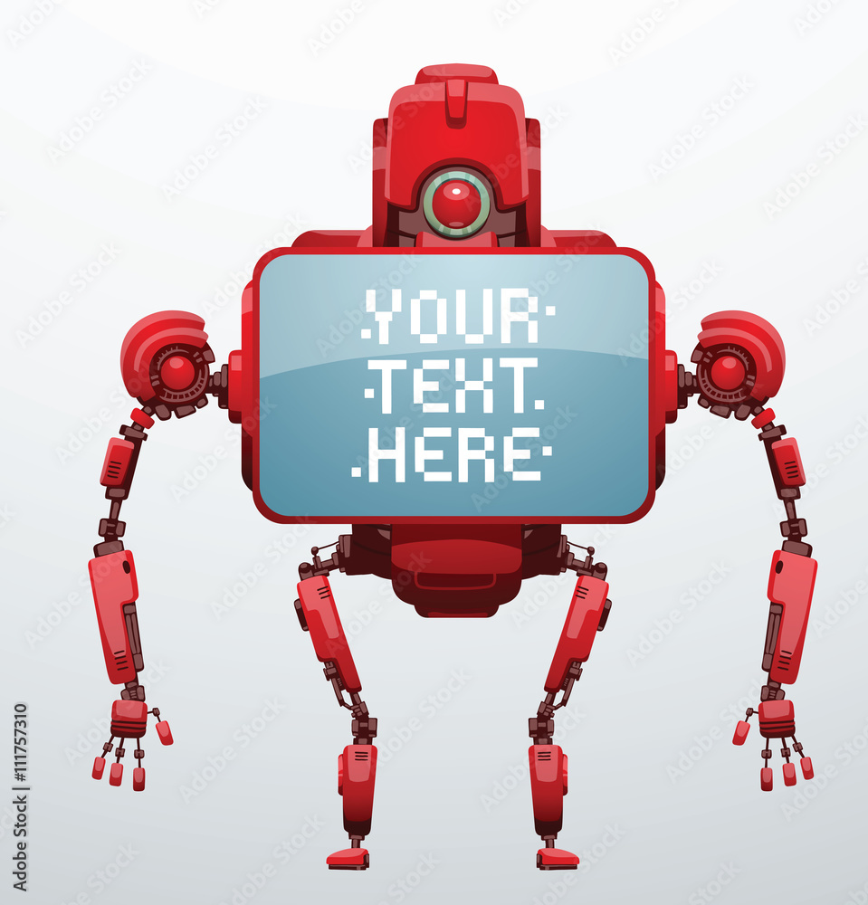 Vector image of funny bright red robot with two arms and legs, head and  blue screen