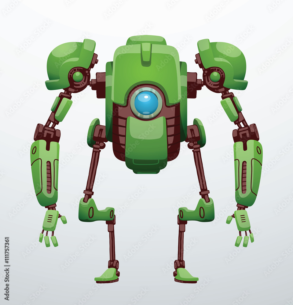 Vector image of funny green robot with two arms and legs, with a blue lens  in