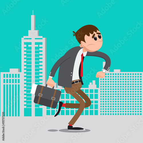 Businessman Late for Work.  Man Hurry to Work. Vector illustration