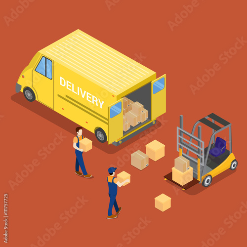 Isometric Delivery Car. Cargo Industry. Worker on Forklift. Cargo Transportation