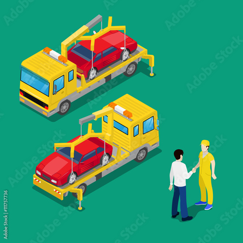 Isometric Car Assistance. Roadside Assistance Car. Tow Truck. Vector