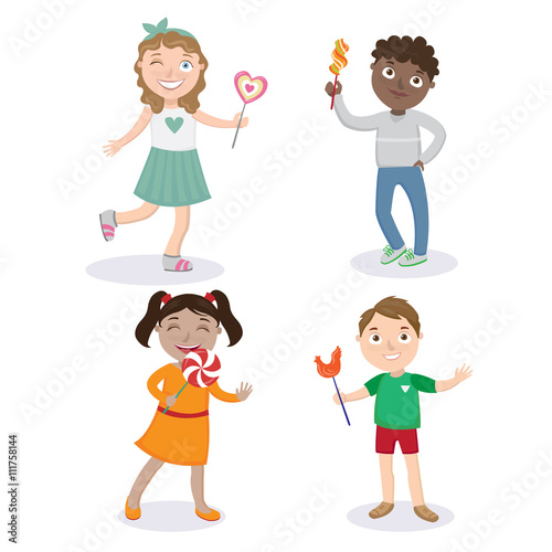 Children with Lollipops. Happy Children. Boy with Candy. Girl with Lollipop