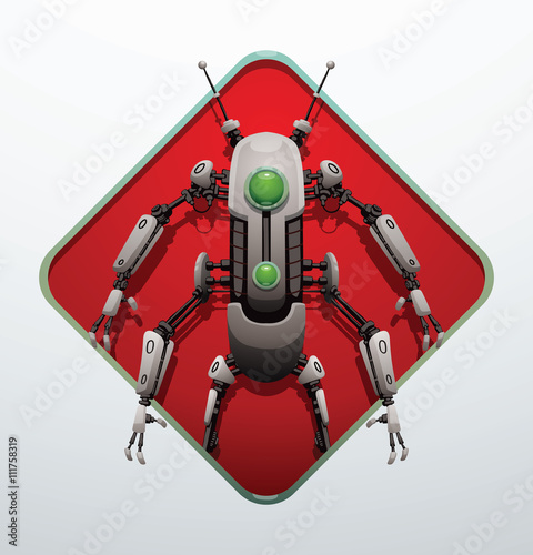 Vector red diamond-shaped frame with the image of a funny thin white robot with four arms and two legs, with green lens in the center of body on a light background. Technology. Vector humanoid robot.