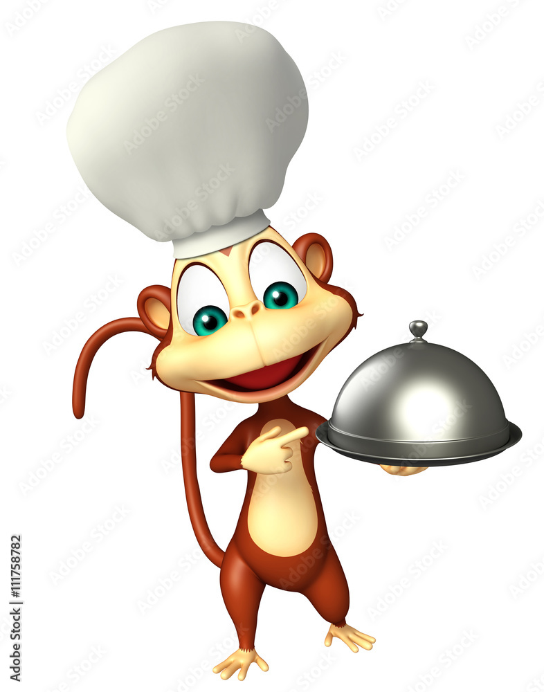 Naklejka premium Monkey cartoon character with chef hat and cloche