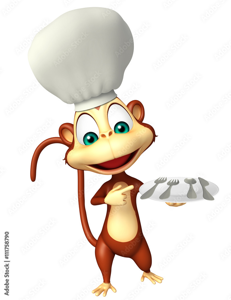Fototapeta premium Monkey cartoon character with chef hat and dinner plate