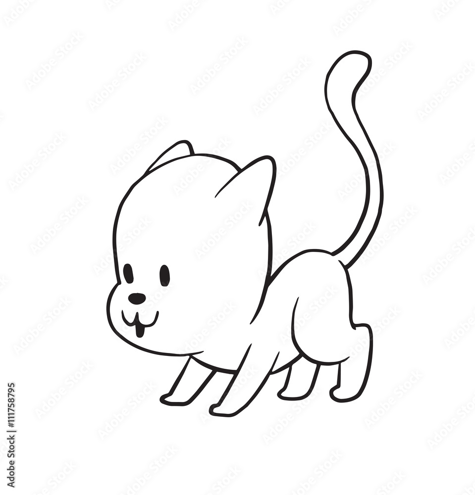 Vector cartoon image of a cute little black-white cat standing on four legs and looking at something on a white background. Made in monochrome style. Positive character. Vector illustration. Vector cartoon image of a cute little black-white cat standing on four legs and looking at something on a white background. Made in monochrome style. Positive character. Vector illustration.