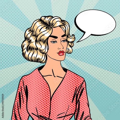 Pop Art Woman. Businesswoman with Speech Bubble. Comic Style. 