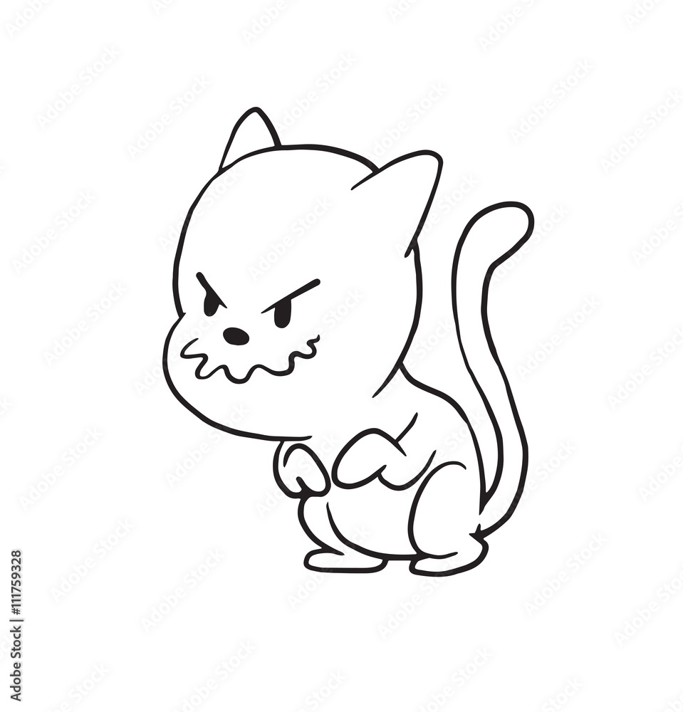 Vector cartoon image of a cute little black-white cat sitting and plotting something tricky on a white background. Made in monochrome style. Positive character. Vector illustration.