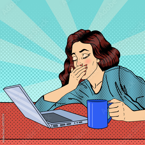 Tired Businesswoman. Exhausted Woman with Laptop. Pop Art. Vector