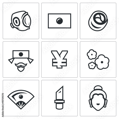 Vector Set of Japan Icons. Sport, National Flag, Traditional Food, Japanese, Yen, Sakura, Geisha, Yakuza, Religion.