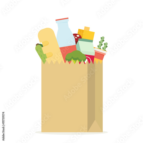 Paper bag, package with food and drink products. Flat design 