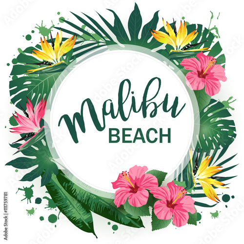 Malibu Beach Party poster. Tropical background. Vector illustration